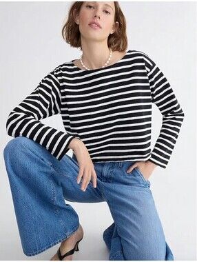 J Crew Striped Boatneck Cropped Tshirt Mariner Cotton XL Nautical Coastal Preppy